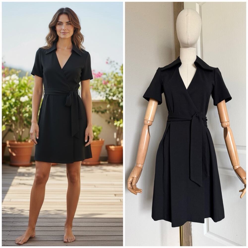 Diane Von Furstenberg Black “Hutton” Wrap Dress Ponte Knit Pockets Size 4